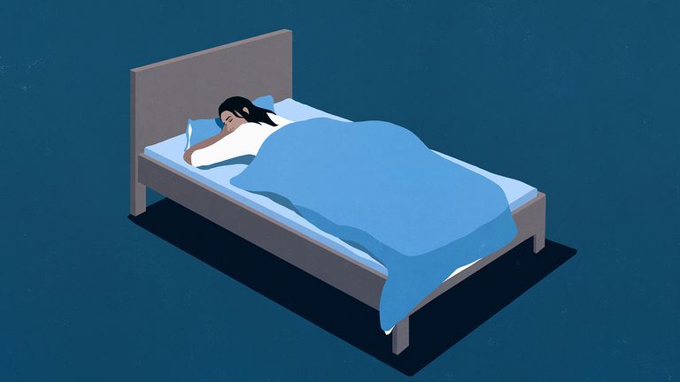 Illustration of a person with long black hair wearing a white shirt sleeping on their stomach in bed with a blue blanket...